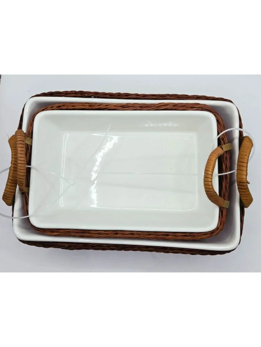 Temp-Tations Ceramic Serving Dishes Wicker Baskets Set Of 2 Rustic Brown White - Picture 2 of 14